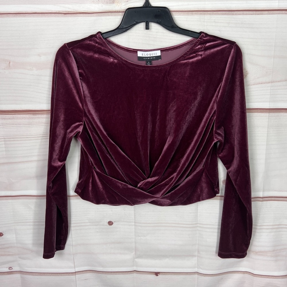Eloquii Elements Top Women 16 Purple Velvet Blouse Boat Neck Twist Front Stretch